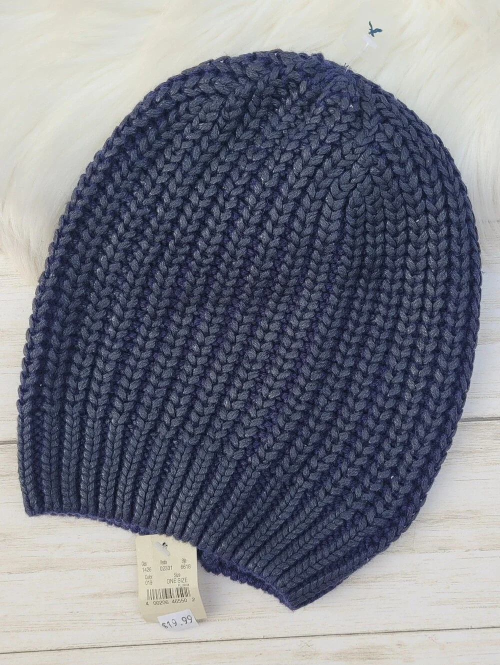 American Eagle Slouchy Chunky Rib Knit Beanie Hat Navy Blue Metallic Finish NWT